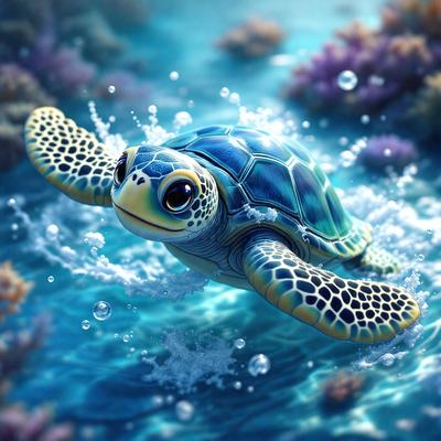 The primary subject of the image is a small, colorful sea turtle. The turtle is flying through the air, surrounded by a blue ocean. The setting includes a variety of sea creatures, such as fish and coral, creating a lively and vibrant underwater scene. The visual style of the image is a digital art or illustration, with a focus on the turtle's unique features and the vivid colors of the ocean. The overall atmosphere of the image is energetic and playful